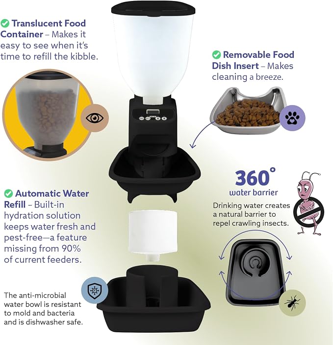 Feeding Friend® Automatic Dog & Cat Food Feeder with Water Dispenser – Smart Pet Feeder with Portion Control, OLED Display, Anti Jam Design, Battery Operated Dispenser for Medium Pets 15-30 - Black