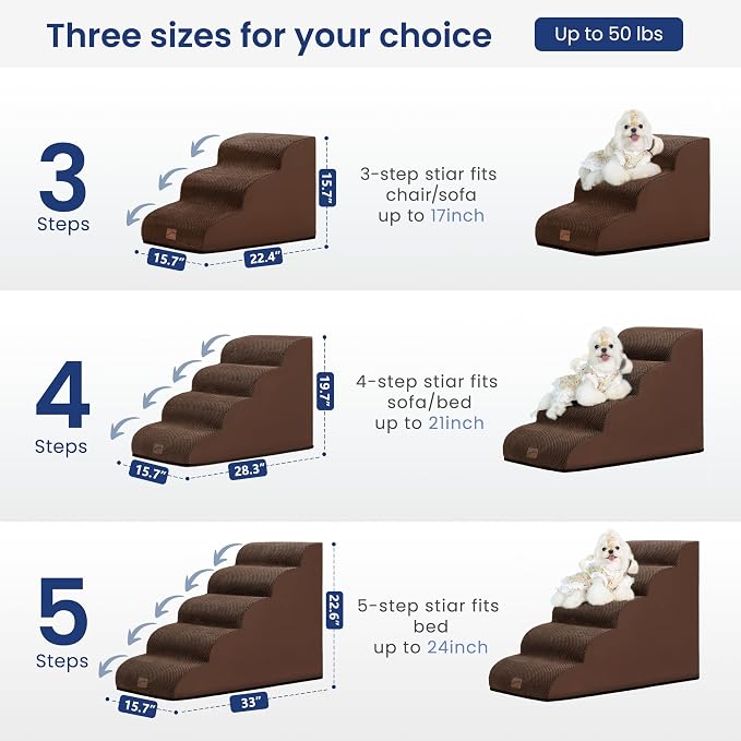 GoGoBunny Ramp Dog Stairs for High Beds 22.6" H, 5-Step Dog Slope Stairs with Durable Waterproof Fabric Cover, Pet Steps for Old Large Dogs Climbing, Non-Slip Sturdy Indoor Step, Brown