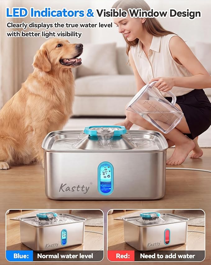 Kastty 4Gal/15L Large Dog Water Fountain, Stainless Steel Pet Water Fountain with Water Level Window and LED Light, Ultra Quiet Dog Water Bowl Dispenser for Large Dog, Easy to Clean(FS78, Blue)