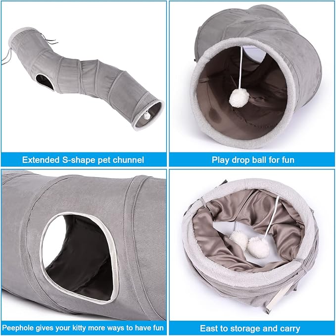 Ownpets S-Shape Cat Tunnel Toy 48"L x 10"D, for Cats, Puppies & Small Pets | Collapsible for storage, tear-resistant oxford fabric, connects to other tunnel, with peek hole, feather wand, indoor/outdoor