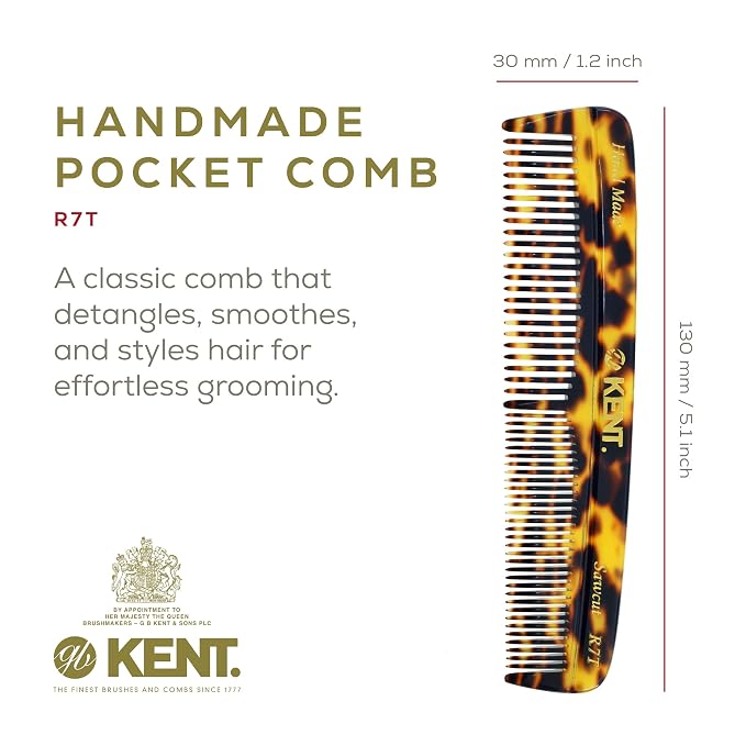 Kent R7T TY Fine and Wide Tooth Hair Comb, Handmade Pocket Comb for Mens Beard and Mustache for Everyday Grooming and Styling, Sawcut Hand polished, Made in England