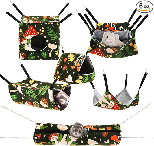 6 Pack Small Animal Hammock Set, Ferret, Guinea Pig, Rat Hanging Bed & Hideout Tunnel, Cozy Washable Cage Accessories for Hamster, Chinchilla, Sugar Glider