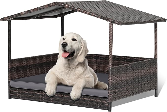 Wicker Dog Bed House, Indoor Outdoor HDPE Rattan Dog Houses, Raised Dog Cot Pet House, Elevated Pets Sofa w/Washable Cover, Waterproof Roof Shelter, Removable Cushion Lounge