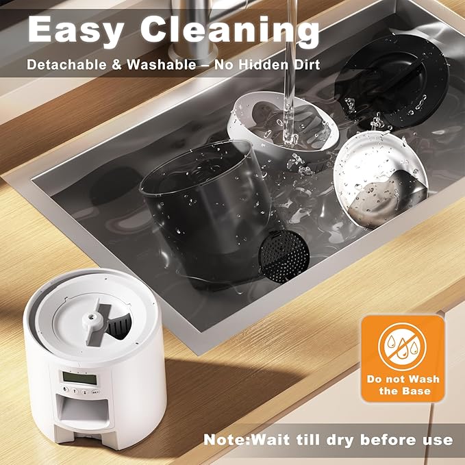 4.2L Automatic Cat Feeder,6 Meals/Day,Dual Power,Dry Pet Food Autofeeder Portion Control,Timer Setting,10S Voice Record (Transparent White, Stainless Steel Bowl)