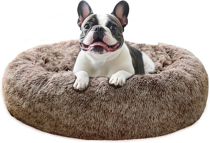 JOLLYVOGUE Calming Dog Bed Medium Size Dog, Anti-Anxiety Donut Medium Pet Bed, 27 inches Fluffy Faux Fur Round Cat Bed (Smoke Brown)