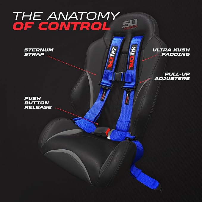 1pc 50 Cal Blue 4 Point Harness 3in Straps, Racing Harness Seat Belt | Ultra Kush padding, Push Button quick release hardware. Universal Fit for UTV, RZR, race car.