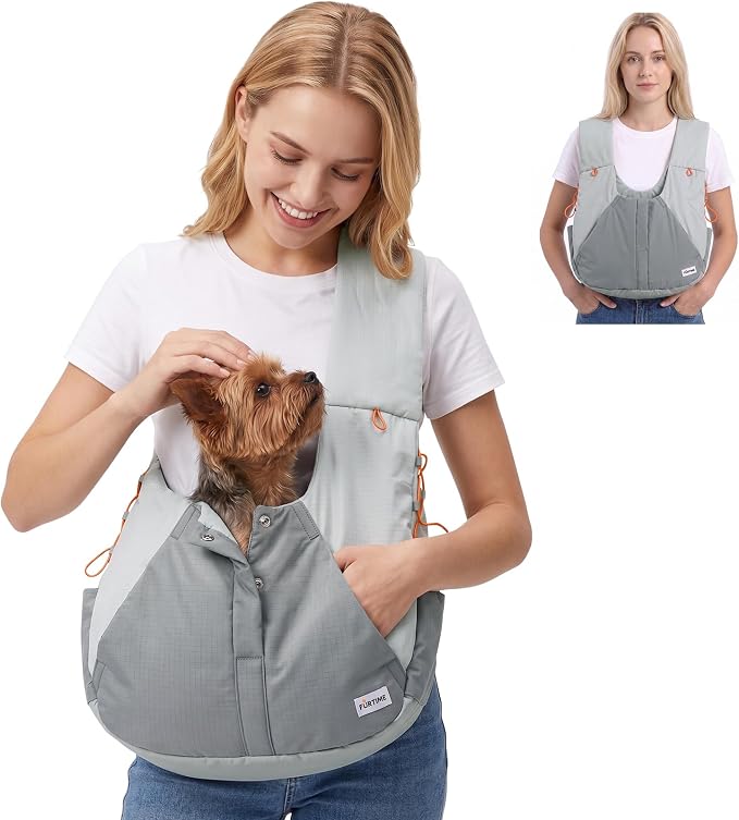 FURTIME Dog Sling Carrier, Puppy Sling for Small Dogs Up to 16 lbs | 2-in-1 Backpack and Shoulder Bag, Hands-Free Pet Carrier with Safety Tether & Adjustable Strap for Outdoors, Grey