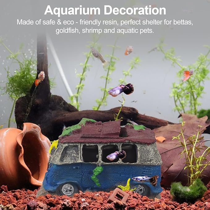 Virekm Aquarium Decor, Aquarium Decorations for Fish Tank - Realistic Resin Rock Cave Hideouts, Safe Fish Tank Ornaments with Natural Design for Betta, Goldfish, Shrimp - Easy to Clean (School Bus)