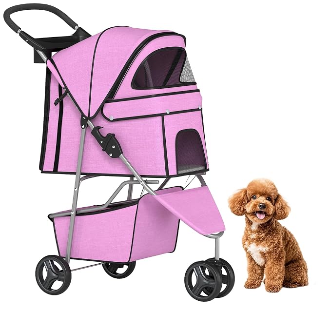 BestPet | 3-Wheel Pet Stroller | Pink | Foldable Dog and Cat Stroller | Breathable Mesh | Lightweight, Waterproof Travel Carrier with Cup Holder & Storage Basket | for Daily Walks & Outdoor Use