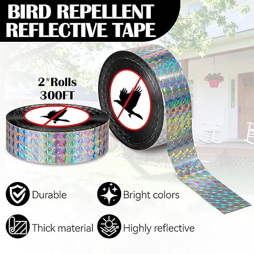 Reflective Bird Scare Tape – 2 Rolls 300FT Outdoor Reflective Ribbon, Double-Sided Shiny Tape for Garden, Yard, Orchard & Trees, Visual Bird Decoration