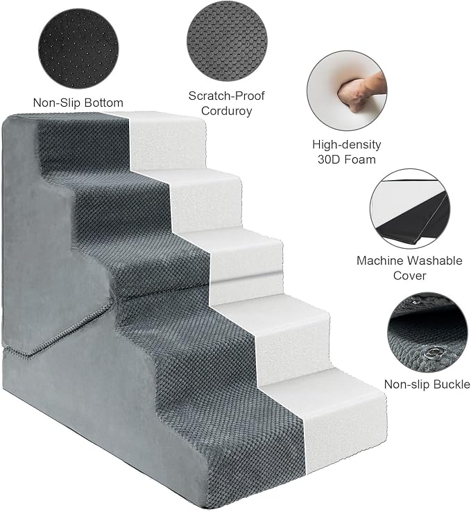 Dog Stairs for Small Dogs 22" H, 2-in-1 Transformable 5-Step Pet Stairs and Ramp, Dog Steps for Bed with Non-Slip Bottom and Washable Cover(Gray)
