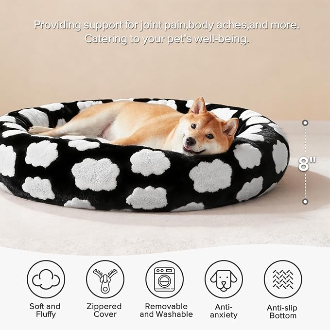 JOEJOY Jacquard Donut Round Dog Beds Medium Sized Dog,Black 30x30x8in, Removable Washable Cover, Cute Pattern, Ultra Soft Fluffy Calming Pet Bed with Thick Supportive Bolster