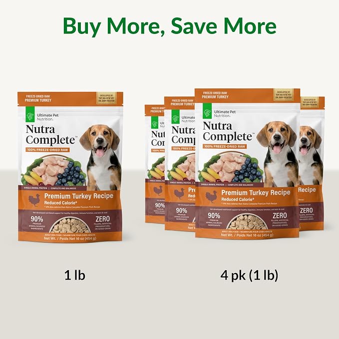 ULTIMATE PET NUTRITION Nutra Complete, 100% Freeze Dried Veterinarian Formulated Raw Dog Food with Antioxidants Prebiotics and Amino Acids, (1 Pound (Pack of 4), Turkey)