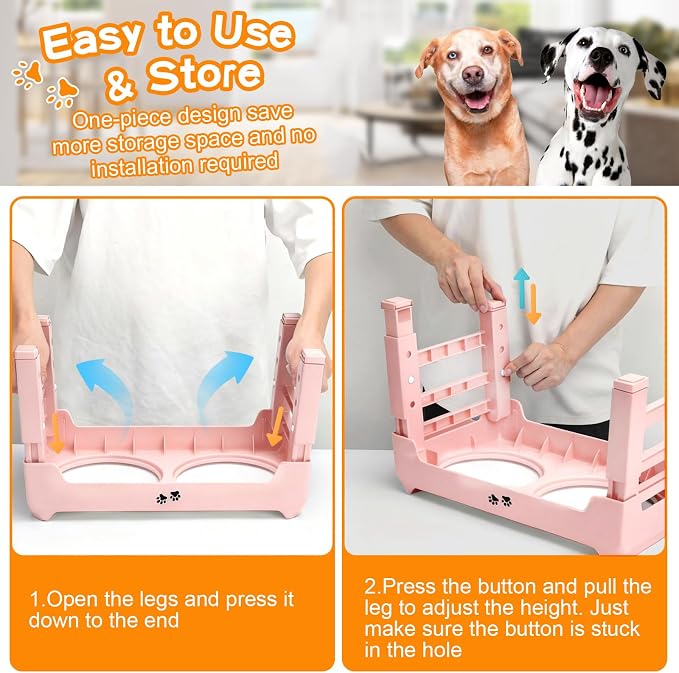 COMESOON Elevated Dog Bowls, 4 Height Adjustable Raised Bowl Stand with 2 Thick 50oz Stainless Steel Food Bowls Non-Slip Feeder Adjusts to 3.7'', 9.2'', 10.75'', 12.36'' Pink