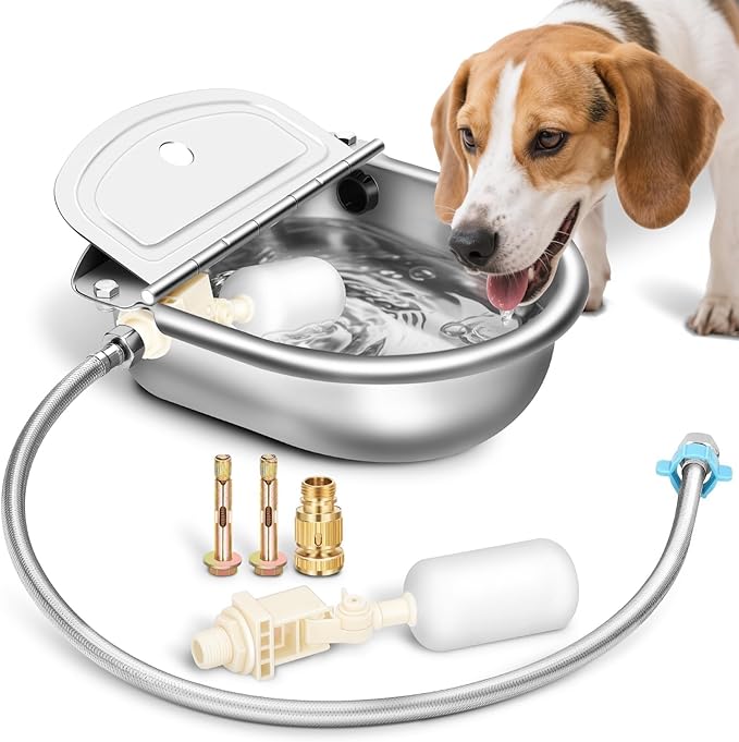 Abreuvoir automatique pour animaux avec vanne à flotteur, kit en acier inoxydable comprenant la gamelle, le tuyau standard, la vanne de remplacement, le raccord rapide et les boulons à tête fraisée (remplissage automatique)