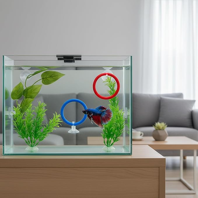 Betta Fish Tank Accessories and Toys, 7 Piece Betta Enrichment Set with Exercise Rings and Plants, Mental Stimulation and Stress Reduction for Betta Fish, Betta Toys