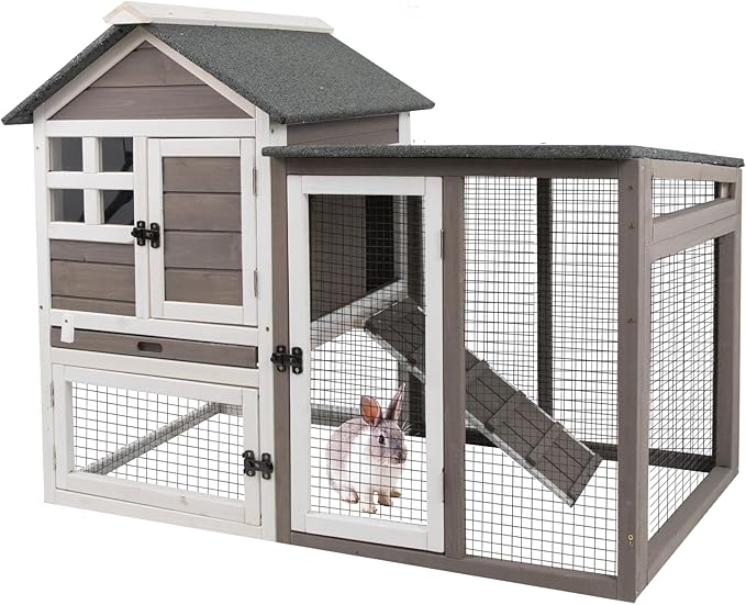 Gowoodhut 48" L Rabbit Hutch Indoor Outdoor Rabbit Cage with Run, Pull Out Tray, Asphalt Roof Large 2 Story Bunny Hutch Wooden Chicken Coop Guinea Pigs Pet House Cage for Small Animals(Grey)