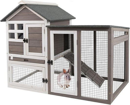 Gowoodhut 48" L Rabbit Hutch Indoor Outdoor Rabbit Cage with Run, Pull Out Tray, Asphalt Roof Large 2 Story Bunny Hutch Wooden Chicken Coop Guinea Pigs Pet House Cage for Small Animals(Grey)