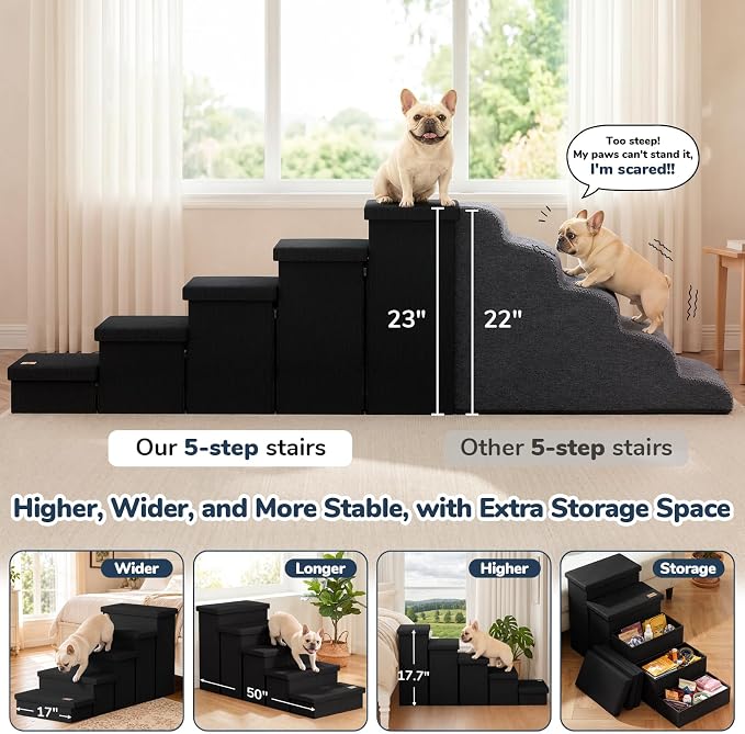 5-Step Wide Dog Stairs with Storage 23" H, Non-Slip Sturdy Pet Steps for High Bed Couch Window, Pet Stairs for Small/Medium/Large Old Dogs Cats Up to 260lbs, Cat Dog Steps for Car/SUV, Black