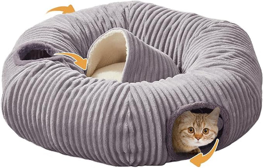 Large Cat Tunnel Bed for Indoor Cats,Cat Donut Tunnel Toy with Washable Circle Cushion,Blackout Tent, Multifunctional Playground Toys Hideplace for Kitty, Kitten, Rabbit,Ferret