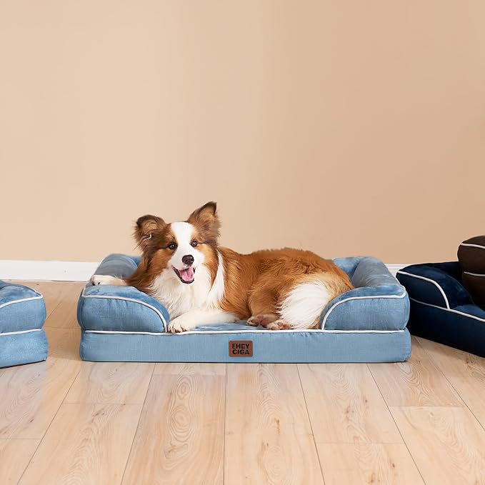 EHEYCIGA Orthopedic Dog Beds Large Sized Dog, Waterproof Washable Pet Bed | Non-Slip Bottom and Egg-Crate Memory Foam XL Dog Couch Bed with Washable Removable Cover, Washed Blue, 41Inch