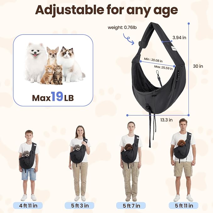 Dog Sling Carrier for Small Dogs & Cats,Pet Carrier Sling Bag with Adjustable Straps,Comfortable & Secure Travel Crossbody Bag for Puppies Up to 19lb,Airline Approved pet Carrier (Black)