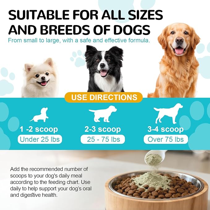 Dog Teeth Cleaning Powder, Dental Powder for Dogs Teeth Cleaning and Breath Fresh, Bad Breath Fresher & Tartar Remover with Enzyme, Probiotics. Plaque Off Pet Tooth Cleaning 120 Grams 60 Servings