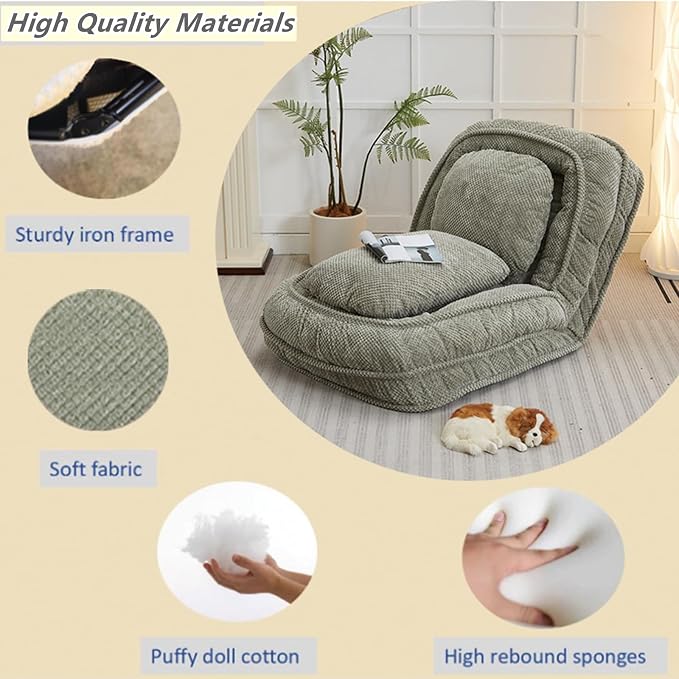 Foldable Lazy Sofa Bed with 5 Levels Adjustable Backrest, Green | Comfy Upholstered Human Dog Bed for Adults and Pets, Lazy Floor Lounger with 2 Soft Cushions for Living Room Bedroom