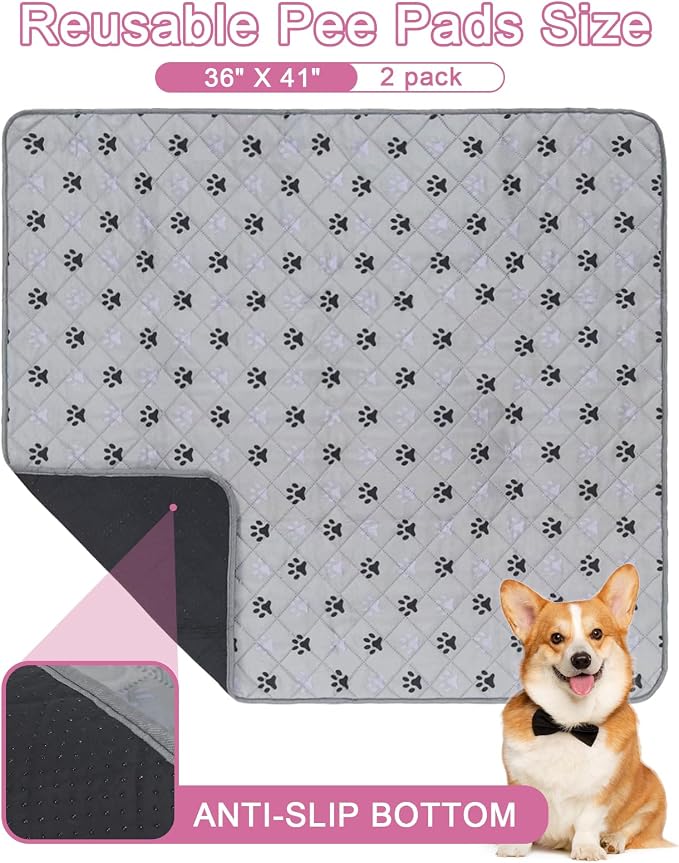 2 Pack 36"x 41" Waterproof Non Slip Wee pad，Reusable Washable Pee Pads for Dogs，Absorbent and Leakproof Training Mats for Potty, Bed, Sofa, Potty Training