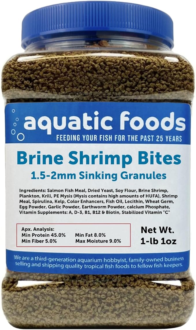 Aquatic Foods Inc. Brine Shrimp Sinking Bites for Bottom Fish, Small Baby Fish, Tetras. Live Bearers, Discus, Cichlids, Great for All Tropical Fish - 1-lb 1oz Large Jar