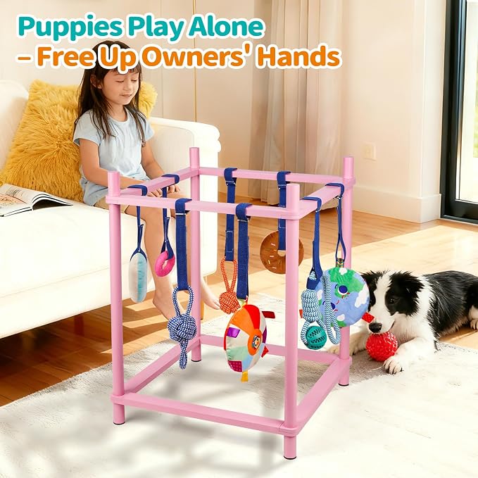 Wooden Puppy Play Gym for Small Dog with 8 Hanging Toys, Pink Frame | Wood Puppy Jungle Gym Indoor & Dog Enrichment Toys for Puppies 0-6 Months