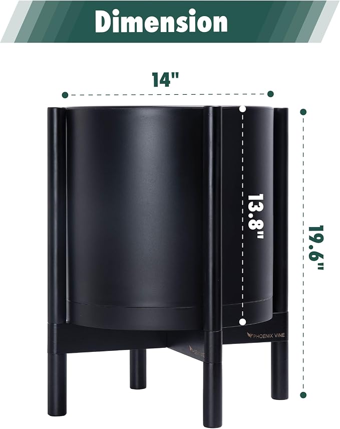 D'vine Dev Plastic Pot with Ebony Wood Stand, Black, 14 in, 55-C-T-2 | Mid-Century Inspired Design, Elevated Plant Display, Clean Lines, Sturdy Support, Modern Space-Saving Style