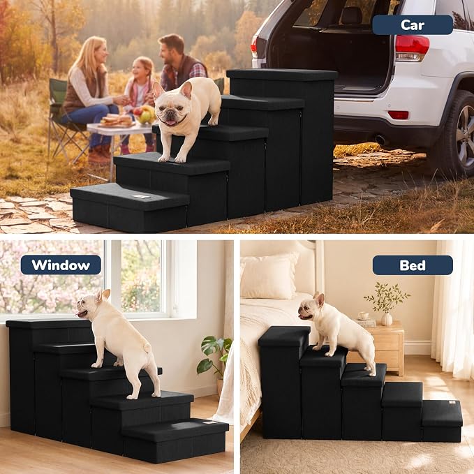 5-Step Wide Dog Stairs with Storage 23" H, Non-Slip Sturdy Pet Steps for High Bed Couch Window, Pet Stairs for Small/Medium/Large Old Dogs Cats Up to 260lbs, Cat Dog Steps for Car/SUV, Black