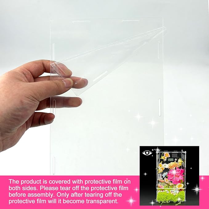 Jumping Spider Enclosure,DIY Insects Habitat,Small Reptile Terrarium Glass House Accessories Set,with Temperature and Humidity Detector Water Feeder Platform Hide,5.5“x5.5”x9.5“ (Garden)