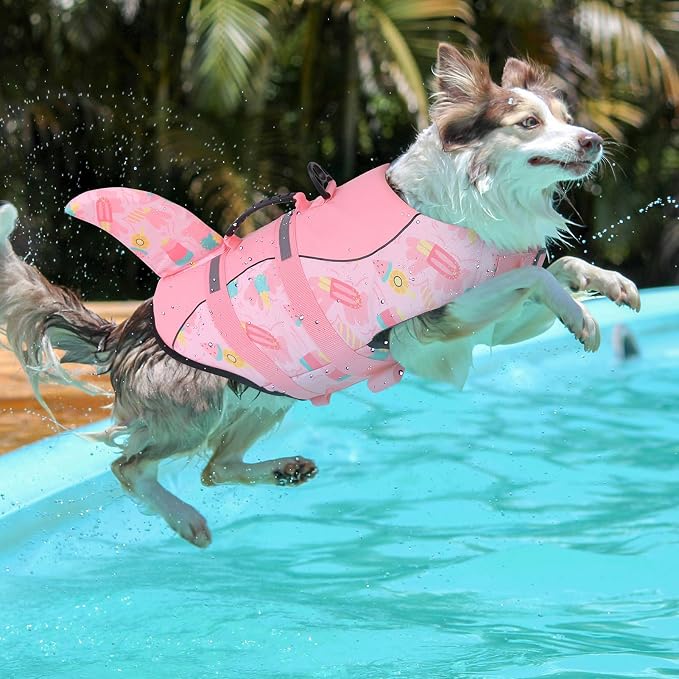 Dog Life Jacket High Flotation, Reflective Dog Life Vests for Swimming, Adjustable Dog Life Preserver Rescue Handle Spring Summer Pool for Small, Medium, Large Dogs (Pink Ice Cream,XS)