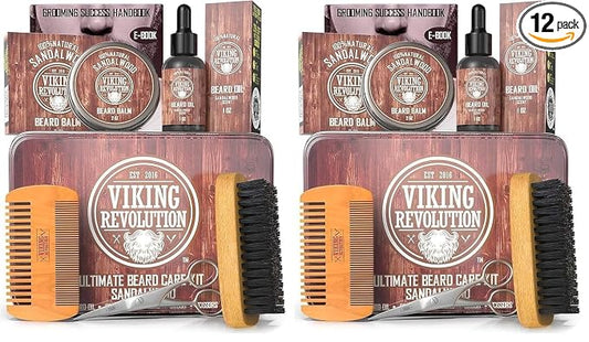Viking Revolution Ultimate Grooming Kit for Men - Boar Brush, Wood Comb, Sandalwood Balm & Oil, Scissors for Beard & Mustache (Pack of 2)
