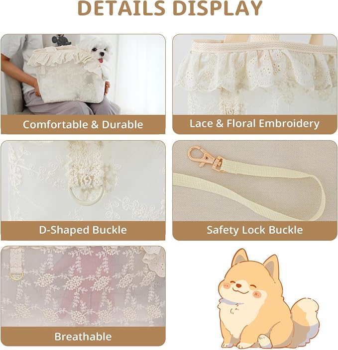 ONECUTE Dog Carrier for Small Dogs Rabbit cat with Lace Design, Cotton Bag, Dog Carrier Soft Sided, Collapsible Travel Puppy Carrier (Beige, 9.4" L x 5.9" W x 9.4" H)