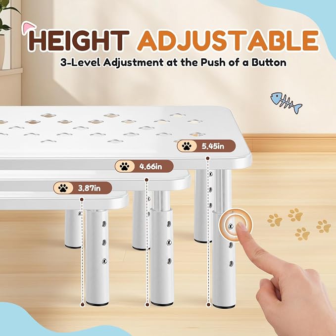 Dreyoo 2 Set Adjustable Cat Food Stand, White,Gray Mat | Fits Most Auto Feeders, Cat Food Stand, 3 Level Stand, Non Slip Silicone Mats, Elevated Feeding Table, Cats Small Dogs