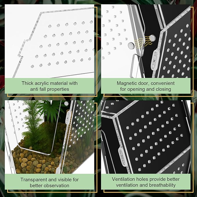 Yalikop Acrylic Jumping Spider Habitat Versatile Reptile Enclosure Transparent Insect Terrarium Habitat for Spiders, Tarantula, Gecko, Chameleon, Beetle, Mantis, and Hermit Crab(Black and Clear,L)
