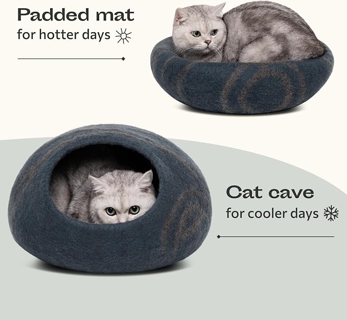 Cat Cave – Premium Felt Cat Bed Enclosure for Indoor Cats, Handmade Merino Wool (Slate Gray, Medium)
