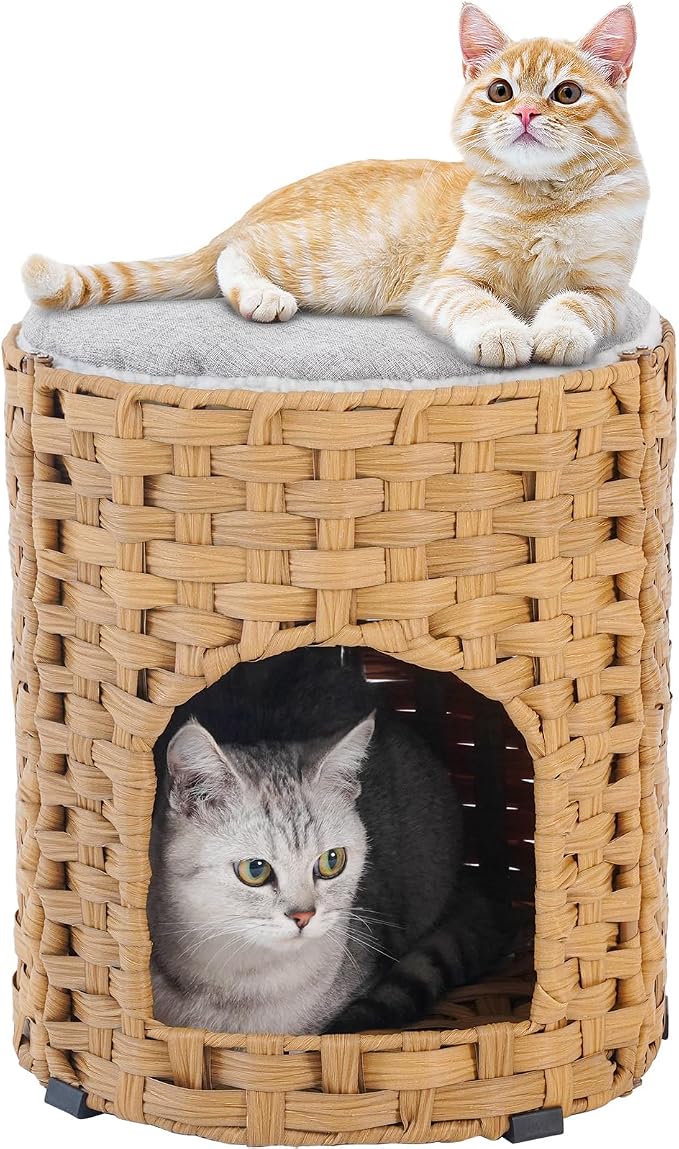 SETVSON Cat House for Indoor Cat, Small Handwoven PE Rattan Kitten Cave | Two-Tier Cozy Pet Nest with One Double-Sided Pad, Waterproof Handwoven PE Rattan Basket, Easy to Clean, 13x13x13.7 In
