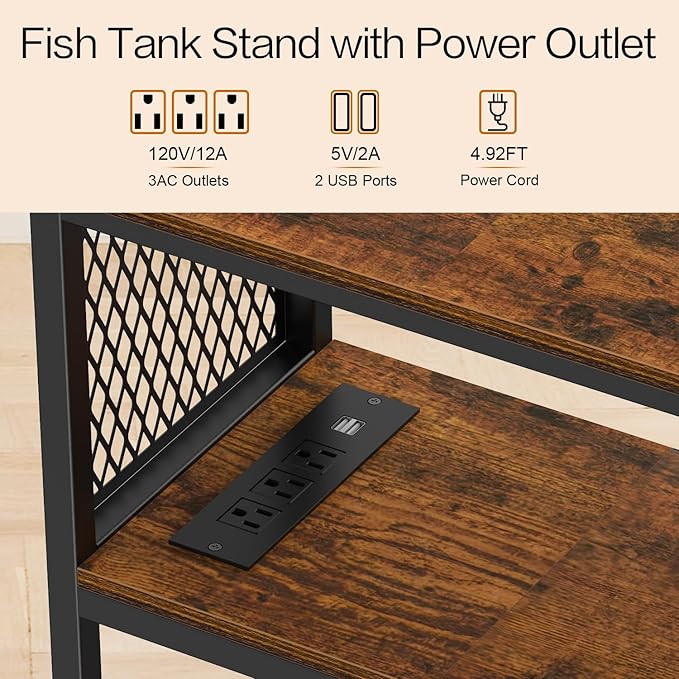 Snughome 10 Gallon Fish Tank Stand with Power Outlets, Aquarium Stand with Storage, 3 Tier Heavy Metal Reptile Tank Stand Fish Tank Shelf 20.47" x 11.42" x 30.91", Rustic Brown