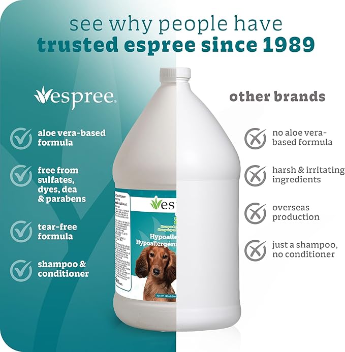 Espree Hypoallergenic Dog Shampoo & Conditioner, Salon Dog Grooming Supplies, Tearless Formula with Aloe Vera, Made Without Sulfates, Parabens, Harsh Chemicals and Dyes, for Sensitive Skin, Gallon