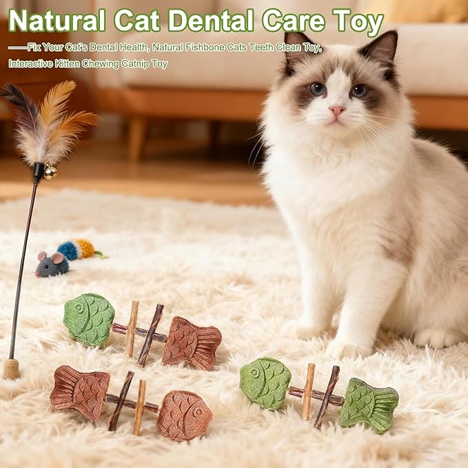 3pcs Purrident Dental Chew Toy for Cats, Creative Fish Bone Cat Toy – Wooden Catnip Teeth Cleaning Stick, Natural Cat Dental Toy, Interactive Play & Kitten Health,Durable Feline Tooth Care Tool