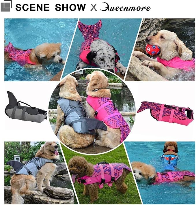 Dog Life Jacket Ripstop Shark Dog Safety Vest Adjustable Preserver with High Buoyancy and Durable Rescue Handle for Small,Medium,Large Dogs, Pink Fish X-Large