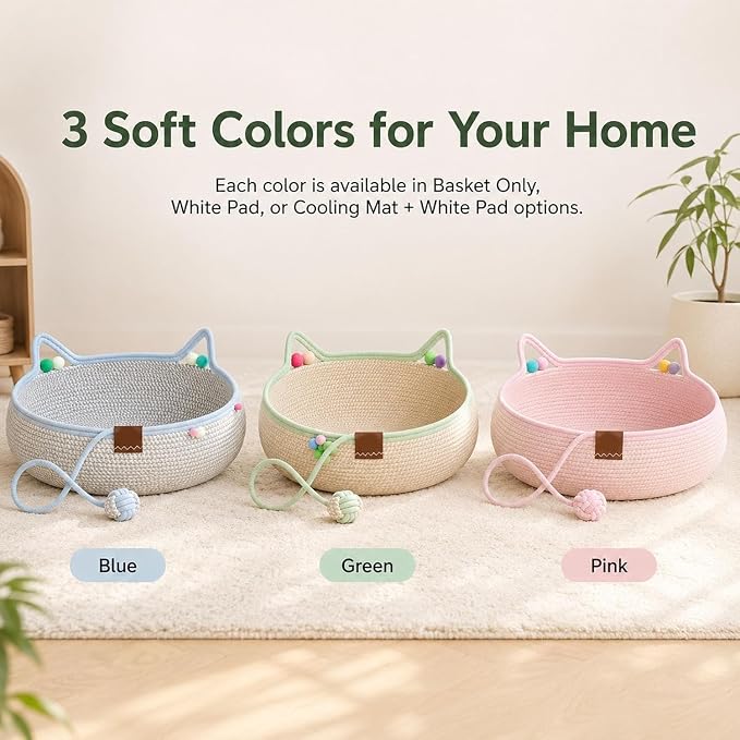 Handwoven Cotton Rope Cat Basket Bed with Hanging Ball Toy (Green, Medium) | cat bed, woven cat basket, kitten bed, small dog bed, cat toy ball, all season pet bed, washable cat cushion