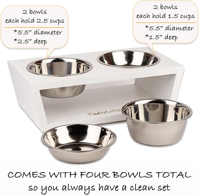 4" Tall Elevated Dog Bowls for Small Dogs and Cats. Raised Dog and Cat Food and Water Bowl Set by Pawfect Pets (White)