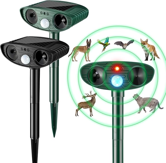 Ultrasonic Animal Repellent Outdoor Solar Powered Repeller Cat Dog Squirrels Deer Deterrent Waterproof Motion Sensor Deterrent for Yard Garden Rabbit Fox Pest(Black, Green,2 Pieces)