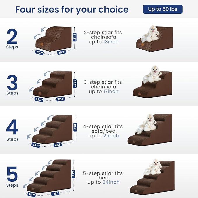 GoGoBunny Ramp Dog Stairs for Couch Sofa and Chair 15.7" H, 3-Step Pet Steps for Small Dogs and Cats, Non-Slip Waterproof Fabric Cover, Stable and Balanced Indoor Step, Pets Friendly, Brown