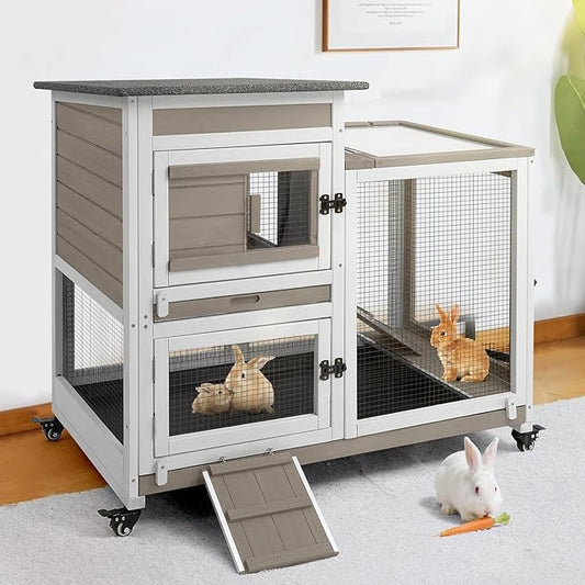 2 Story Rabbit Hutch Indoor with 2 Deeper Pull-Out Trays, Wooden Guinea Pig Cages with 4 Lockable Wheels, Ramp, Chew-Anti Metal Strip for Rabbit, Guinea Pig, Hamster(40.2" L X 23.2" W X 36.6" H)